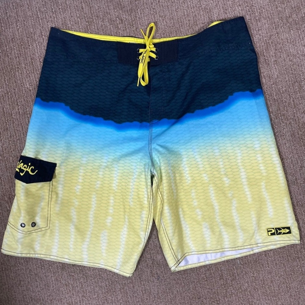 Pelagic Board Shorts Mens 36 Blue Yellow‎ Mahi Mahi Fish Scale Surf Gorpcore